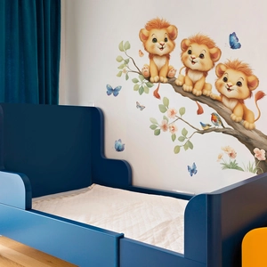Cartoon three little lions and birds wall decals for children nursery room wall decoration