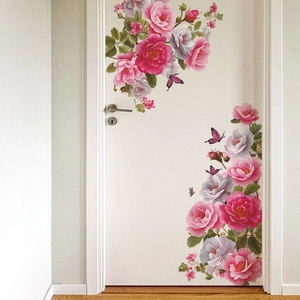 Peony flower and butterfly self-adhesive wall stickers for bathroom door decoration