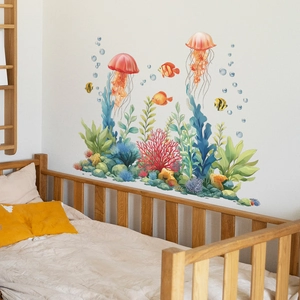 Cartoon ocean world wall decals with colorful jellyfish, fish and sea plants for kids room