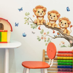 Cartoon lions with birds and butterflies wall decal for children's room decor