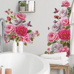 Peony flower and butterfly wall decal for bathroom decoration with self-adhesive design
