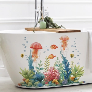 Cartoon Marine Life Seaweed Coral Jellyfish PVC Wall Sticker Waterproof Bathroom Toilet Kids Room Decorative Wall Decals