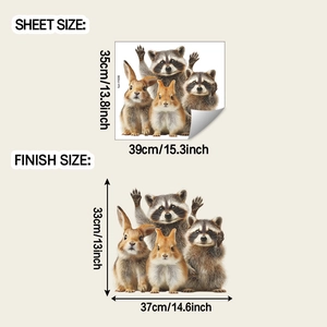 Detail view of raccoon and rabbit wall stickers showing sheet size and applied dimensions