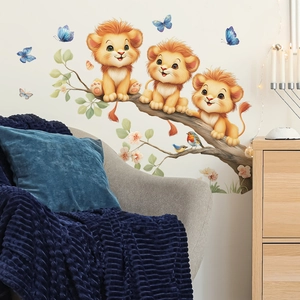 Cartoon lion cubs wall decals set with birds and butterflies for kids room wall decor