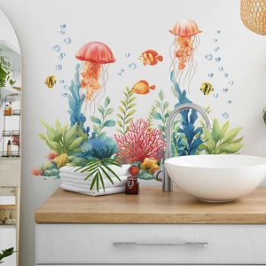Colorful sea creatures wall decals with coral and jellyfish for bathroom decor