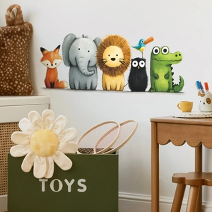 Self-adhesive cartoon animal wall decals for kids bedroom featuring lion elephant and fox