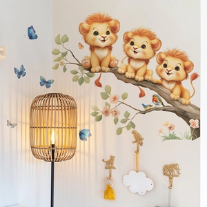 Cartoon Three Little Lions Butterflies And Birds Wall Stickers For Kids Room Removable PVC Tree Branch Animals Decorative Wall Decal