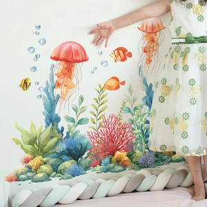 Cartoon ocean world wall stickers with colorful jellyfish coral reef for nursery decor