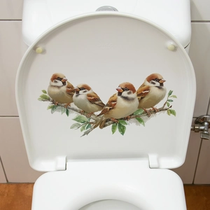 Removable cartoon sparrow on branch decorative sticker for white ceramic toilet lid