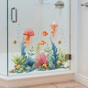 Ocean theme wall stickers with jellyfish and coral for bathroom glass door decor