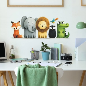 Cartoon animal wall stickers featuring fox, elephant and lion for kids room decoration