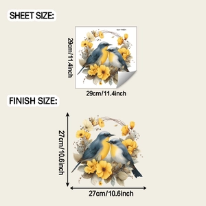 Detail view showing bird and flower wall sticker dimensions for application size