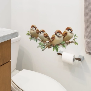 Watercolor sparrow birds on tree branches wall sticker for bathroom home decor