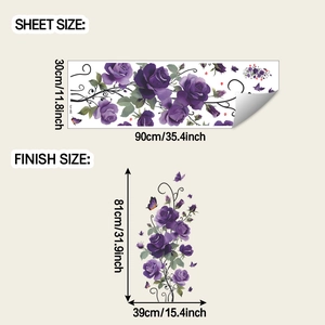 Detailed wall sticker layout with purple roses vines and butterflies 39x81cm