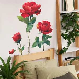 Vibrant red rose wall stickers above bedroom headboard for home interior decoration