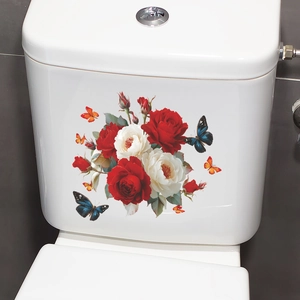 Adhesive toilet sticker featuring realistic red and white roses with colorful butterflies