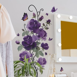 Elegant purple rose wall decals with butterflies and vines for living room decor