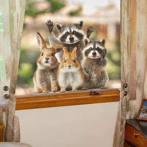 Realistic raccoon and bunny wall stickers applied on home window glass for wall decoration