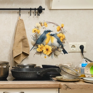 Self-adhesive wall sticker with retro colorful flower wreath and blue birds on kitchen wall