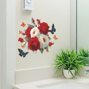 Floral wall stickers with red and white roses and colorful butterflies for bathroom decor