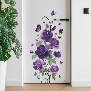 Purple Rose Flower Vine Wall Stickers PVC Waterproof Butterfly Floral Wall Decal Self Adhesive Home Decor For Living Room