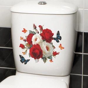 Floral toilet lid sticker with red white roses and butterflies for home decoration