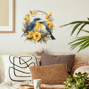 Hand-painted watercolor wall decal with blue birds and yellow floral wreath for home decor