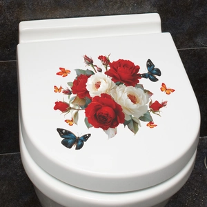 Self-adhesive toilet lid sticker with red and white roses and colorful butterflies decor