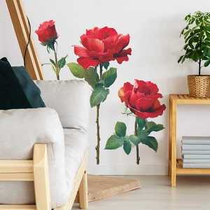 Realistic red rose wall stickers decorating a modern minimalist living room background