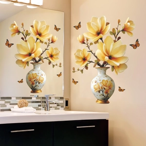 Elegant 3D yellow flower vase wall sticker with butterflies for home living room decor
