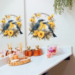 Self-adhesive floral wreath wall decal with colorful birds for home wall decoration