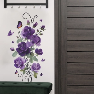 Elegant purple rose floral wall stickers with butterflies for living room wall decoration