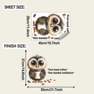 Detail view of cartoon owl wall sticker showing sheet size and finish size specifications