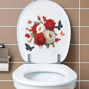 Rose Butterfly Toilet Sticker Waterproof PVC Floral Wall Decal For Bathroom Home Decor Aesthetic Self Adhesive Removable Decal