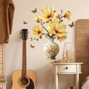 3D embossed yellow magnolia vase wall stickers with butterflies for bedroom wall decor