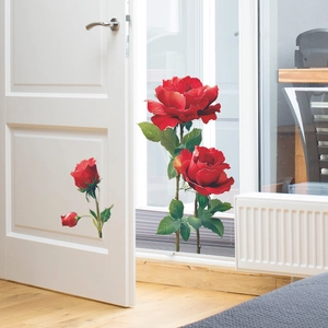 Vibrant red rose floral wall stickers for home decor on white doors and windows