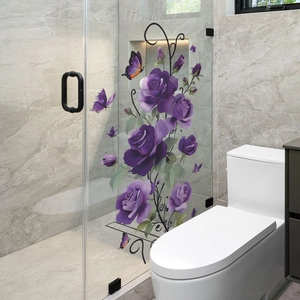 Vertical wall sticker with purple roses and butterflies on a glass shower door