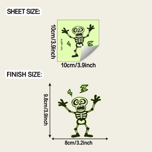 Luminous cartoon skeleton light switch wall sticker showing sheet and finish dimensions
