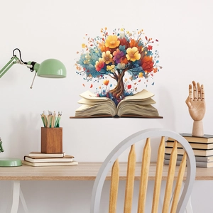 Artistic wall sticker featuring a vibrant flowering tree growing from an open book on a wall
