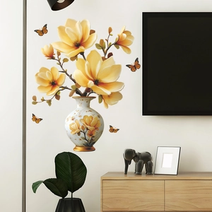 3D Relief Magnolia Flower Vase Wall Sticker PVC Self-Adhesive Removable Butterfly Floral Decal For Living Room Home Decoration