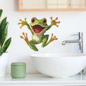 Funny cartoon frog wall sticker for bathroom decoration with 3D vivid green design