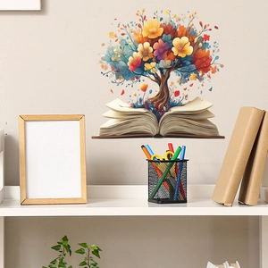 Creative wall sticker featuring a vibrant floral tree emerging from an open book for home decor