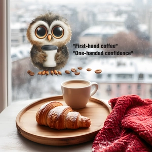 Cartoon owl with coffee cup window sticker, cozy winter cafe scene decoration