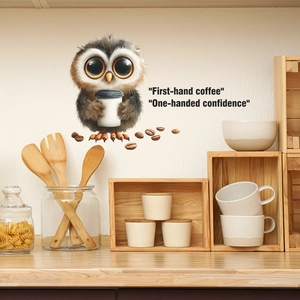 Cartoon owl coffee wall sticker with First-hand coffee motivational quote in kitchen