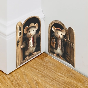 Creative 3D mouse hole wall stickers with cartoon mice and wooden door decals
