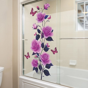 Selbstklebende Wandaufkleber mit lila Rosen und Schmetterlingen für das Badezimmer