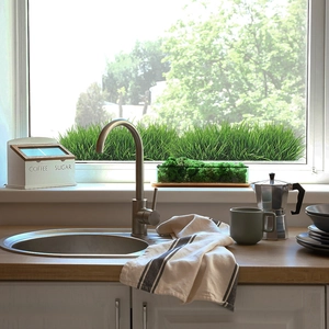 Modern high-arch brushed stainless steel kitchen faucet with single handle by a round sink