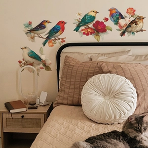 Retro Vogel und Blumen Wandaufkleber für Schlafzimmer Deko mit bunten PVC Wandtattoos