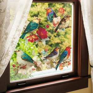 Selbstklebende Retro-Vogel- und Blumenzweig-Wandtattoos für Glasdekorationen zu Hause