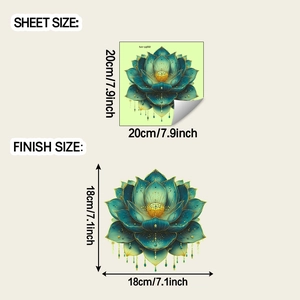Luminous lotus flower wall sticker with gold outline showing original and applied sizes